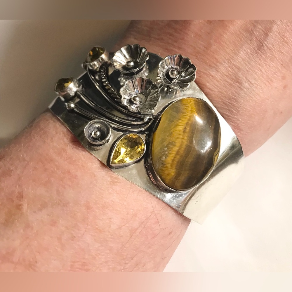 Tiger Eye Citrine Stamped Solid 925 Sterling Silver Cuff Bracelet